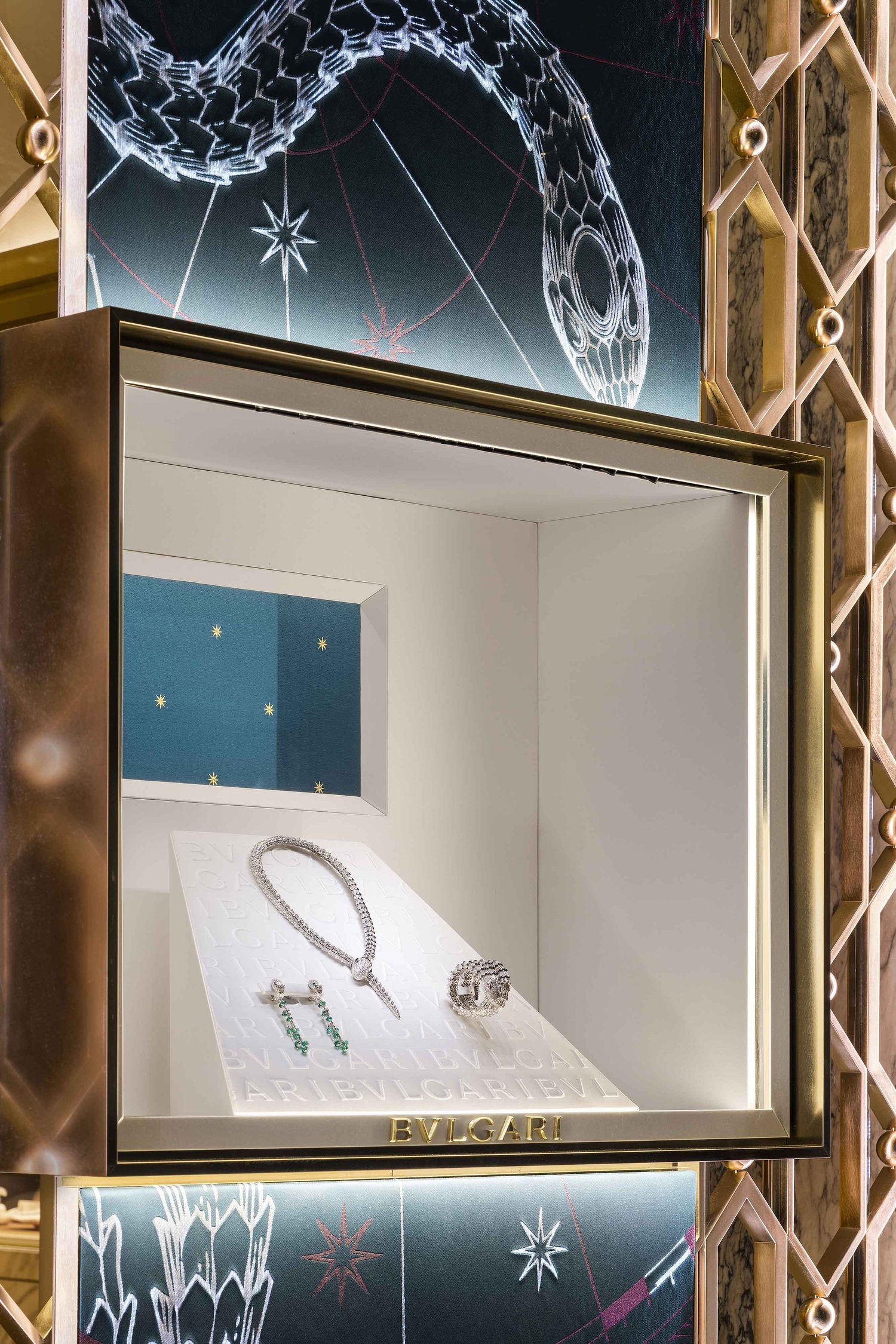 Illuminated jacquard panels in the Bulgari Place Vendôme windows, Paris