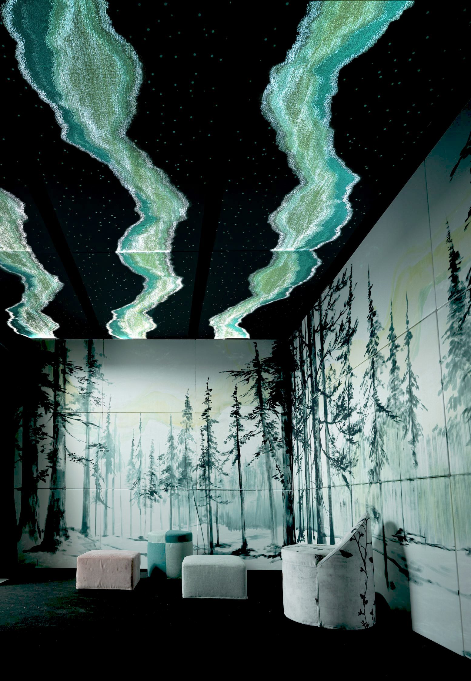 Wave-form illuminated fabric ceiling